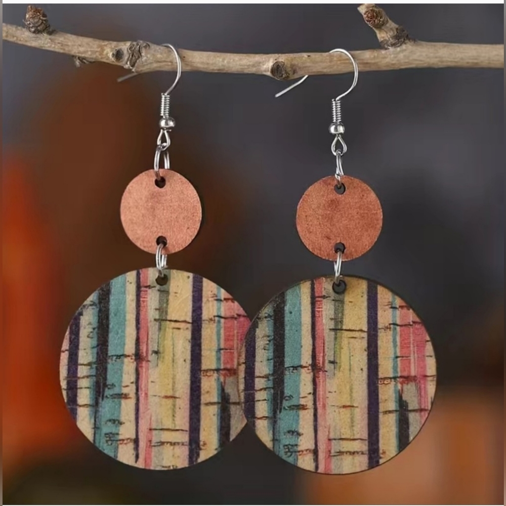 Bohemian Wood Colorful Art Pattern Striped Round Hoop Earrings